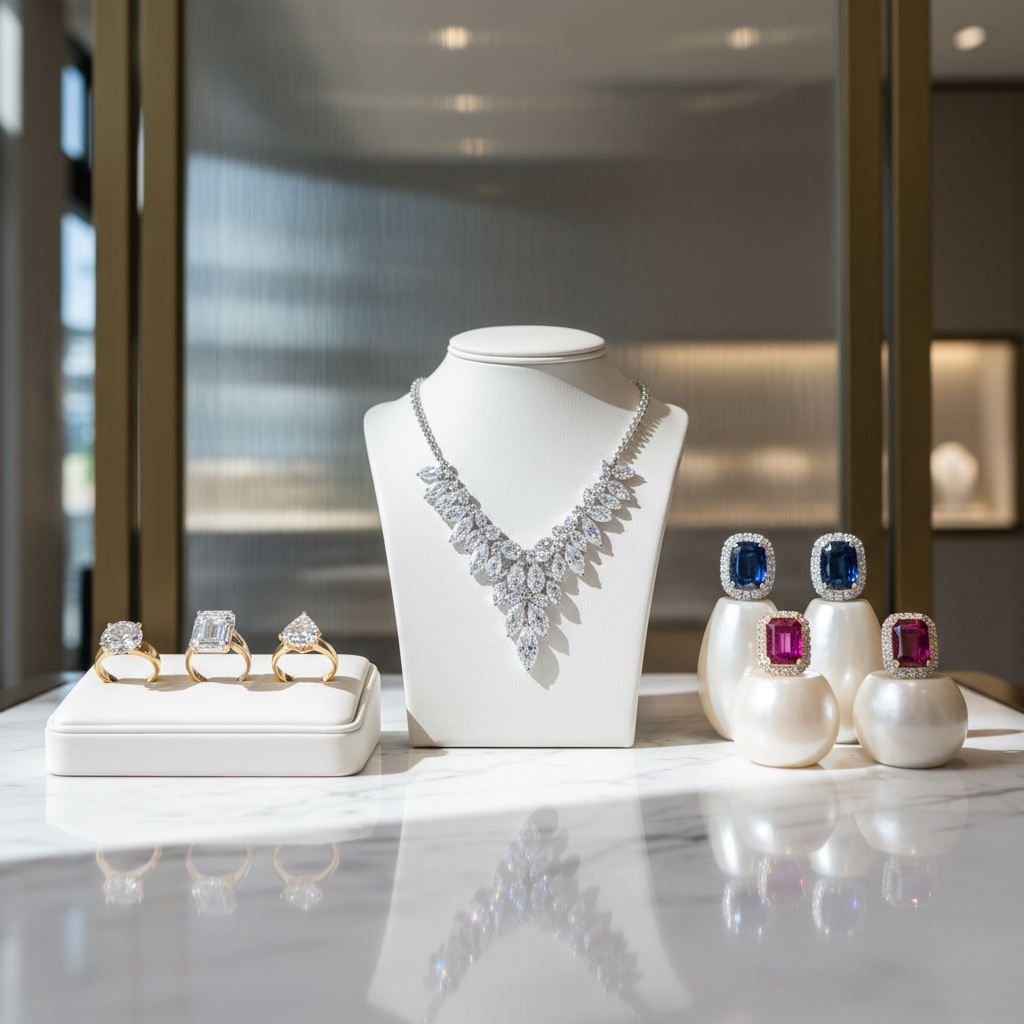 Elegant jewelry display with diamond necklace and gold rings